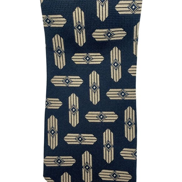 Giorgio Armani Cravatte Men Silk Tie Geometric Pattern Navy Blue Tan Beige Italy - Picture 3 of 6